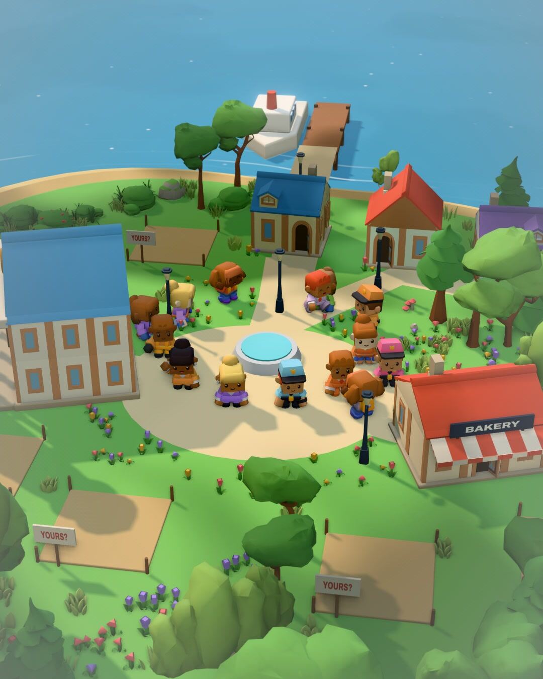 The COMMENTOWN island from above: small houses, a bakery, a town hall and residents chatting around the fountain.