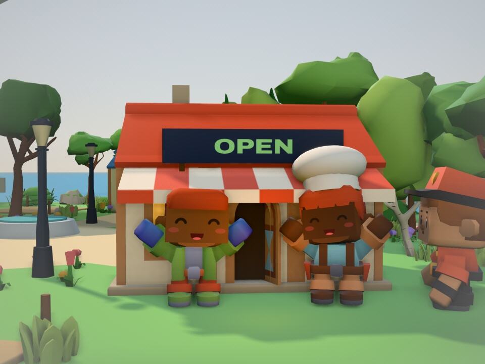 The baker and a neighbour waving outside the bakery, its sign switched to OPEN.