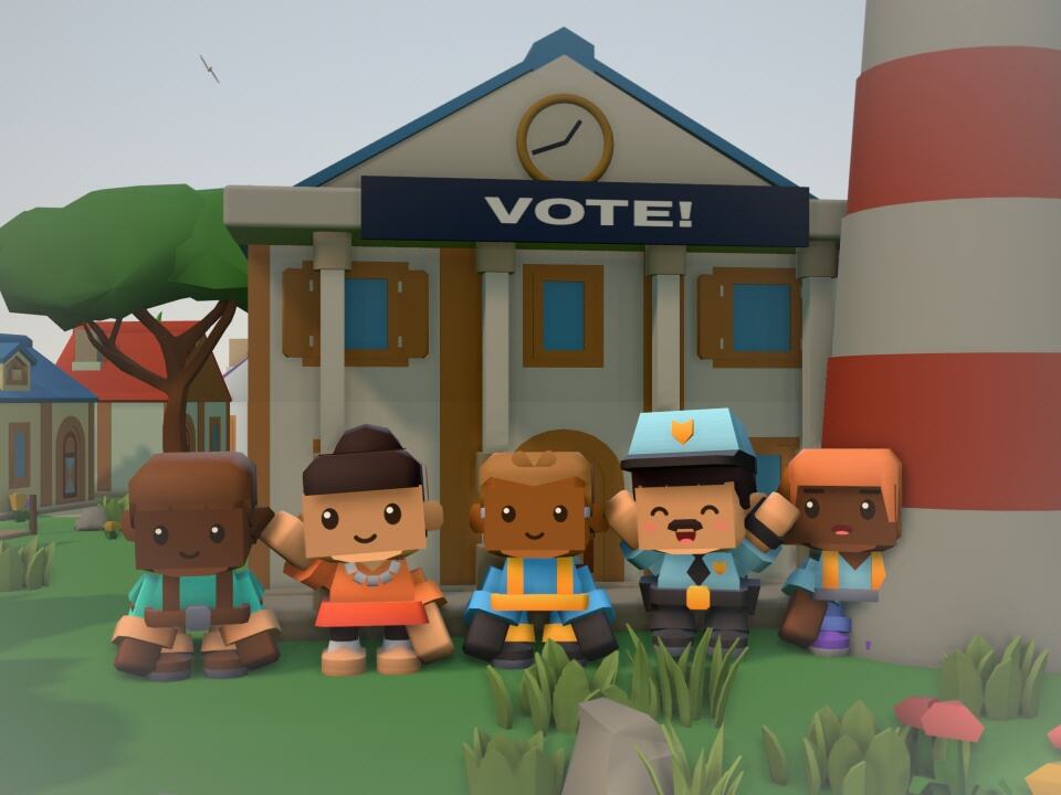 Residents lined up in front of the town hall under a VOTE! sign.