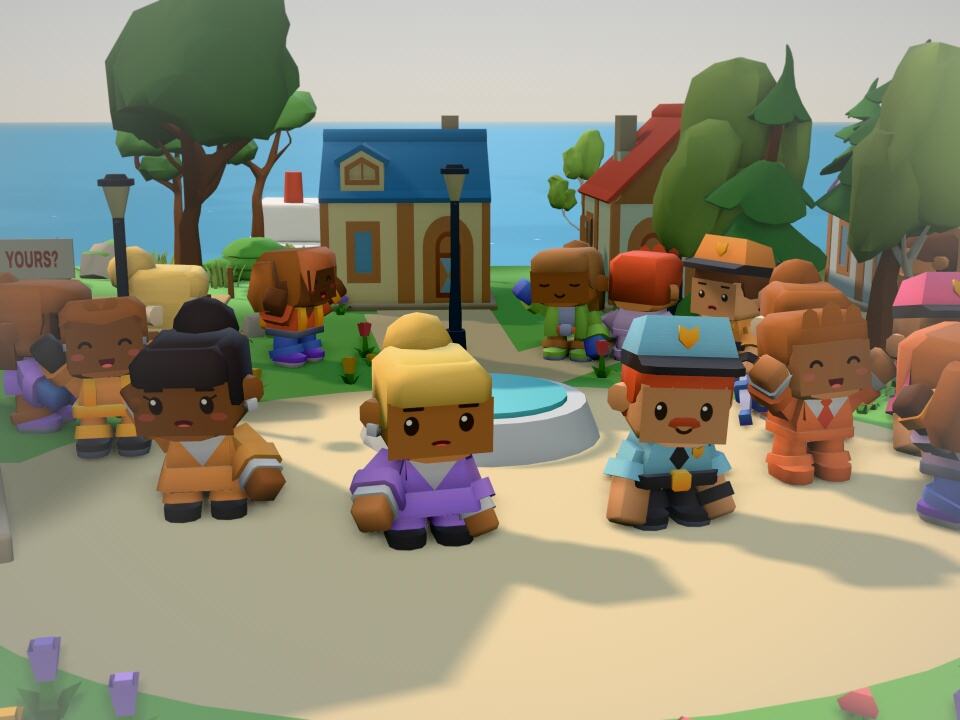 A crowd of residents chatting around the fountain in the town square.